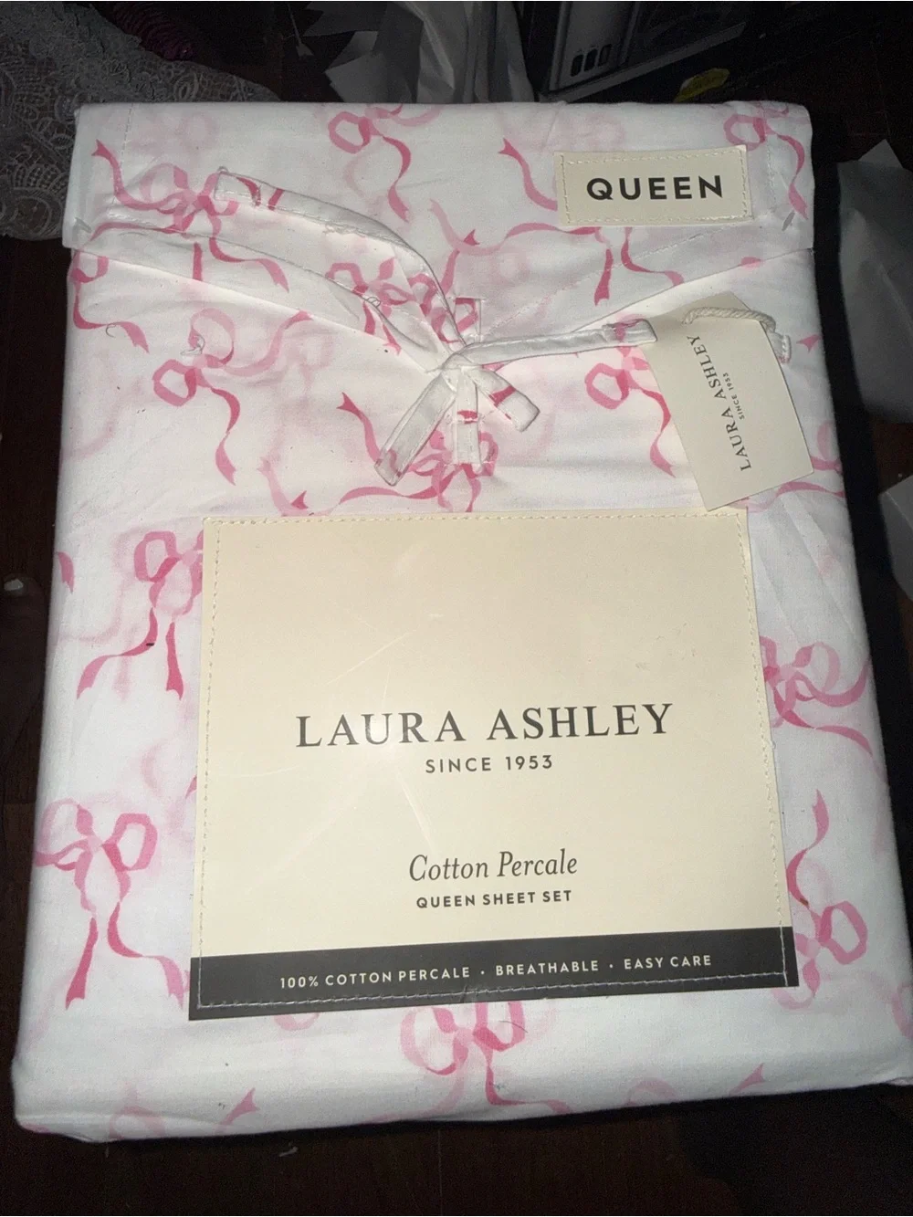 Laura Ashley Cotton Percale Sheet Set in Pink Ribbon Motif
